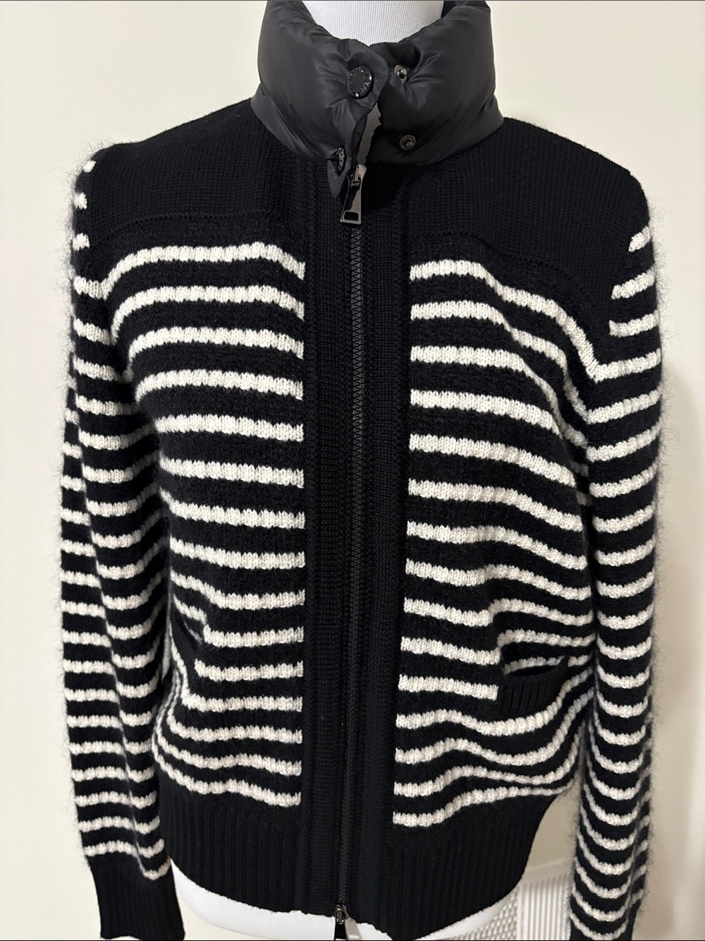 Moncler Black & White Striped Knit Bomber Jacket-size M